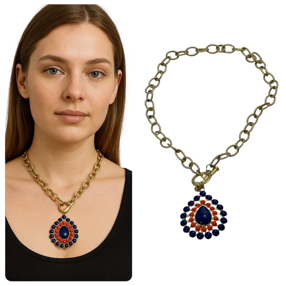 Fornash Orange and Blue Pendant Gold-tone Toggle Natalie Necklace